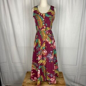 Vintage 90's Guess Floral Sleeveless Button-down Cotton Midi Dress - Maroon - M